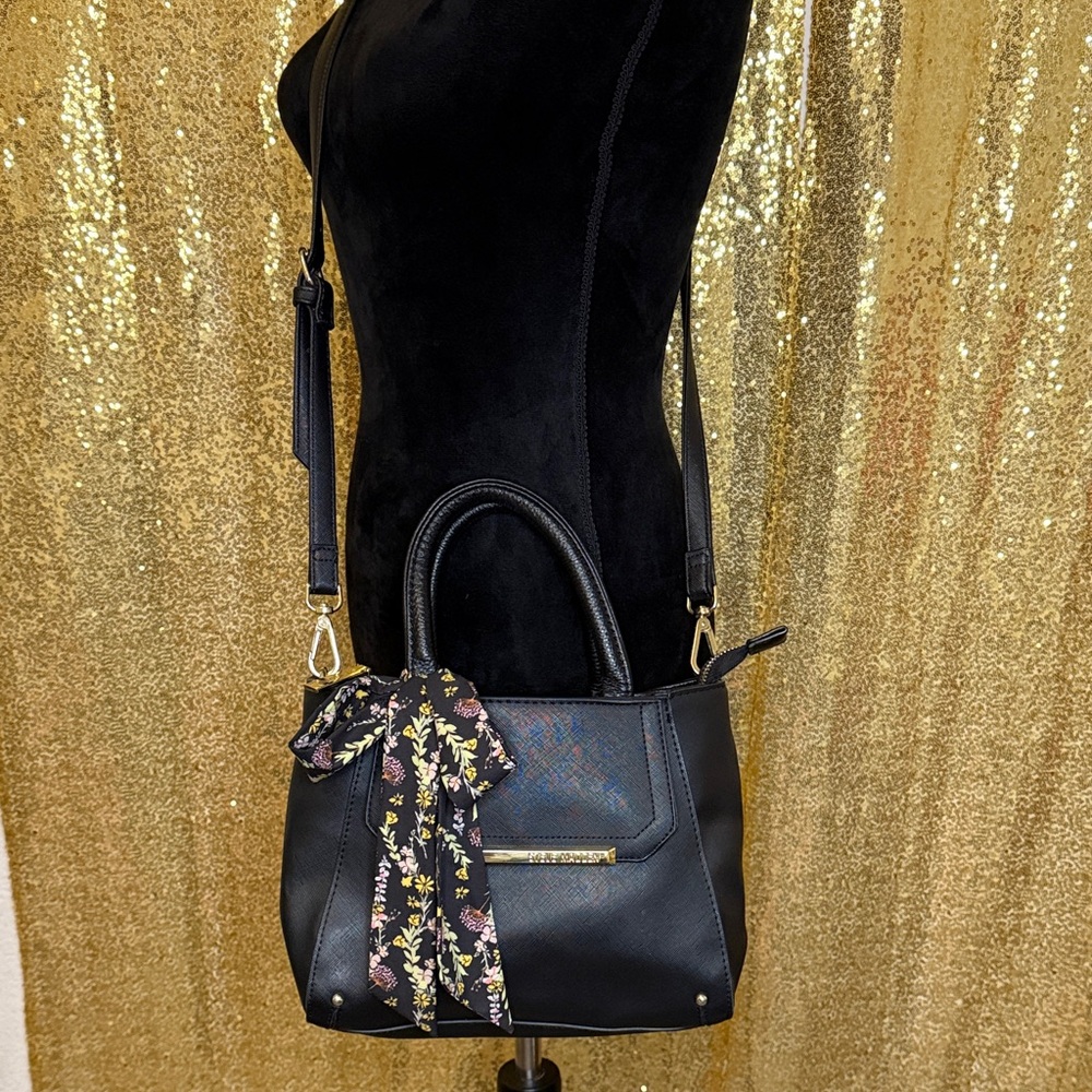 Steve Madden Medium bag Black Satchel with Floral Scarf detachable strap NWOT!